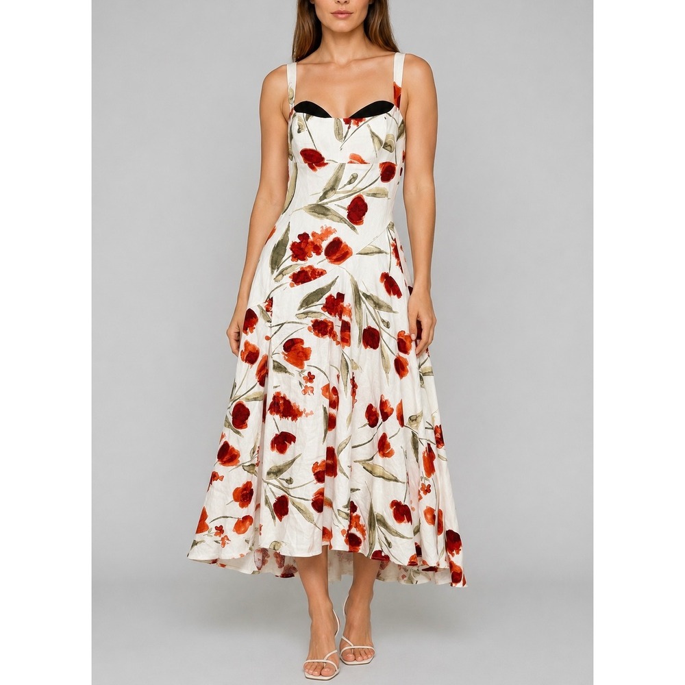 Reformation Bekki Linen Dress Womens 6 White Floral Midi Romantic Resort Cottage